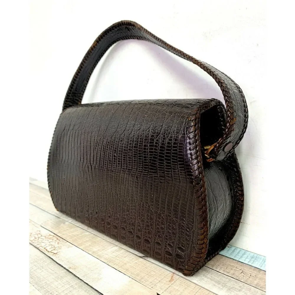 TRUE VINTAGE CROCO BROWN GENUINE LEATHER FLAP TURN LOCK HANDBAG PURSE POCKETBOOK